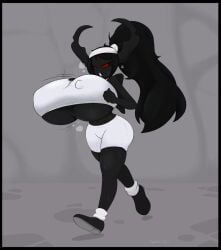 2019 alternate_costume angelthecatgirl black_hair erect_nipples eve_(the_binding_of_isaac) horns jogging long_hair looking_at_viewer ponytail red_eyes the_binding_of_isaac wings