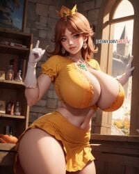 1girls ai_generated big_breasts breasts brown_hair brunette busty cleavage clothing crown female female_only hourglass_figure indoors kw0337 mario_(series) nintendo princess princess_daisy royalty solo standing tight_clothing