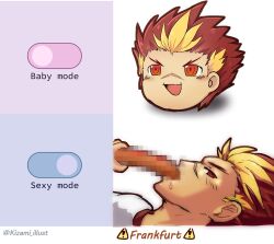 1boy akatora_taiga baby_mode_sexy_mode_(meme) camp_buddy censored chibi dildo highres kizami_illust light_blush looking_at_viewer male_focus meme mosaic_censoring multicolored_hair multiple_views open_mouth red_eyes red_hair saliva_drip scar scar_on_face scar_on_nose sex_toy shirt smile streaked_hair twitter_username white_background white_shirt yukkuri_shiteitte_ne