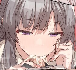 1boy blush censored close-up cum cum_in_mouth cum_overflow ejaculation erere fellatio female grey_hair hand_on_another's_penis idolmaster idolmaster_shiny_colors mosaic_censoring oral penis purple_eyes solo_focus straight sweatdrop yukoku_kiriko