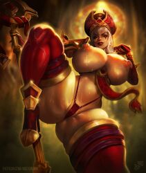 1girls areolae breasts female female_only huge_ass huge_breasts looking_at_viewer mister69m nipples pussy sally_whitemane solo thick_thighs thong wide_hips world_of_warcraft