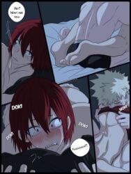 2boys bed bed_sheet blush eating_ass eijirou_kirishima english_text grabbing_pillow katsuki_bakugou male_only muscular_male my_hero_academia nalayaoi pulling_underwear rimjob rimming rimming_male rimming_through_clothing underwear underwear_only yaoi