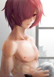 1boy absurdres ambush_(trap) fate/grand_order fate_(series) femboy fuuma_kotarou_(fate) hair_over_one_eye highres looking_at_viewer male male_focus male_only morning muscular muscular_femboy muscular_male nipples red_eyes red_hair shirtless shirtless_male short_hair smile solo solo_focus solo_male sunlight trap undressed yaoi