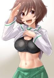 akiyama_yukari belly brown_hair girls_und_panzer lingerie navel salute tummy