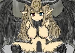 baphomet_(black_souls) big_breasts black_souls black_wings blonde_hair censored censored_genitalia censored_penis cleavage cowgirl_position earring female female_focus female_on_top game_cg grimm_(black_souls) heterochromia horns labia labia_majora male mosaic_censoring non-web_source penis pentagram png sad_expression sex simple_background straight sushi_yuusha_toro vulva white_skin