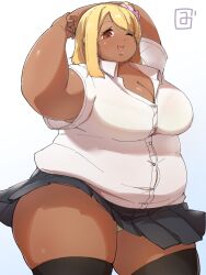 1girls bbw blonde_hair chubby dark-skinned_female dark_skin female gyaru mizsawa nao_(mizsawa) overweight overweight_female solo stockings upskirt