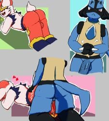 absurd_res all_fours anal anal_sex anthro ass bodily_fluids cinderace cum cum_inside cum_while_penetrated duo fangs femboy genital_fluids heart hi_res lucario male male/male male_cinderace male_lucario momoskinks nintendo penetration pokemon pokemon_(species) shaking shivering simple_background teeth