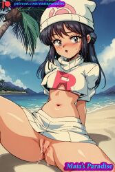 1990s_(style) 1girls ai_generated artist_name artist_signature beach blue_hair blush dawn_(pokemon) enemy_conversion female maia's_paradise navel nintendo pokemon pokemon_dppt pussy pussy_juice pussy_juice_drip retro retro_artstyle skirt skirt_lift spread_legs spread_pussy team_rocket team_rocket_(cosplay) team_rocket_uniform