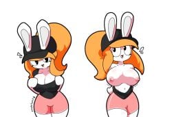 :3 :d anthro big_breasts big_ears black_eyes bottomwear breasts cleavage clothing female female_focus female_only hair hat headgear headwear lagomorph leporid mammal nipples orange_hair original original_character pink_nipples prophetpack rabbit shirt shorts simple_background solo tina_(tonytoran) topwear white_background white_body