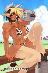 abs animal_ears animal_feet animal_legs athletic_female bell big_breasts bikini blue_sky brown_eyes brown_hair cathyl_(monster_musume) cloud cow_ears cow_girl cow_print cow_print_bikini cow_tail cowbell dark-skinned_female dark_skin day farm female fence field grass hi_res highres holding hooves horns knee_up leg_fur looking_at_viewer medium_hair minotaur_girl monster_girl monster_musume_no_iru_nichijou multicolored_hair muscular muscular_female on_fence outdoors patreon_username ranch_girl rtil sitting sky smiling smiling_at_viewer solo tail tank_(container) tomboy toned toned_female torn_clothes tsurime two-tone_hair watermark web_address wooden_fence yellow_eyes yellow_hair