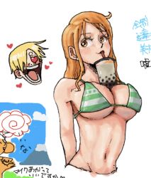 1girls big_breasts bikini bikini_top blush brown_eyes bubble_tea bubble_tea_challenge cleavage doodle drawpile female female_focus heart heart_eyes iam_san3 long_hair male nami one_piece orange_hair post-timeskip smile striped_bikini underboob vinsmoke_sanji