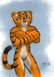 absurd_res angry_expression anthro convenient_censorship crossed_arms dreamworks felid female hi_res kung_fu_panda looking_at_viewer mammal master_tigress nakedpillow nude pantherine raised_tail red_eyes simple_background simple_coloring solo stripes tail tiger