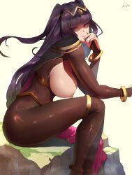 1girls araneesama black_hair blunt_bangs bodystocking breasts breasts_out cape circlet female female_only fire_emblem fire_emblem_awakening grey_eyes highres horny large_breasts long_hair looking_at_viewer nail_polish nintendo purple_nails sitting smile solo tharja_(fire_emblem) thighs tiara