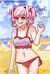 1female 1girls 5_fingers artist_name bikini bikini_bottom bikini_top blush blush_lines breasts doki_doki_literature_club english_text hair_intakes hequip1 natsuki_(doki_doki_literature_club) navel oerba_yun_fang patreon_url patreon_username pink_eyes pink_hair text url