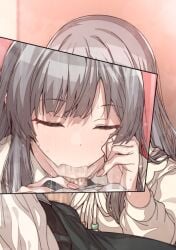 1boy afterimage blush closed_eyes erere fellatio female grey_hair hand_on_another's_penis idolmaster idolmaster_shiny_colors multiple_views oral straight sweatdrop yukoku_kiriko