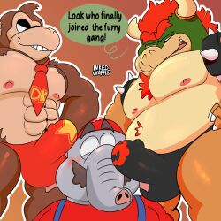 1:1 3boys anthro ape barazoku bowser chest_tuft clothing donkey_kong donkey_kong_(series) elephant elephant_mario elephantid erection gay genitals group haplorhine hi_res inked-waffle koopa male male/male male_only mammal mario mario_(series) necktie nintendo penis primate proboscidean scalie super_mario_bros._wonder tenting thong trio tuft underwear