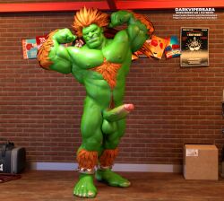 1boy 3d balls blanka capcom darkviperbara english_text genitals green_body green_skin humanoid male male_only muscular muscular_humanoid muscular_male penis solo street_fighter text vein veiny_penis