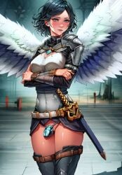 1futa ai_generated armor arms_crossed belt blush bracers breasts chastity_cage clothing crossed_arms dark_hair feathered_wings futanari light_skin partially_clothed pauldron sheathed_sword sheathed_weapon stable_diffusion sword wings