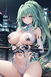 ai_generated bare_shoulders bodysuit cityscape cleavage gauntlets goddess green_hair green_heart large_breasts light-skinned_female long_hair looking_at_viewer neptunia_(series) ponytail purple_eyes pussy see-through shiny_skin solo stable_diffusion thick_thighs underboob vert