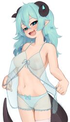 1girls blue_eyes blue_hair blush horns looking_at_viewer open_mouth original panties partially_clothed pointy_ears presenting ribbon see-through_clothing smile solo standing tail white_background yoako