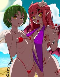 2girls artist_name artist_signature beach belly belly_button breasts breasts_to_breasts brown_eyes cloud colombian demon_horns demon_wings dragon_horns dragon_wings elf_ears exosini female female_focus fingerless_gloves flat_chest green_hair hispanic hispanic_virtual_youtuber horn horns indie_virtual_youtuber latam_virtual_youtuber lexosini light-skinned_female light_skin lolipop long_hair medium_breasts micro_bikini niikasauria nipples_visible_through_clothing ocean one-piece_swimsuit purple_bikini purple_one-piece_swimsuit red_bikini red_bikini_bottom red_bikini_top red_hair red_micro_bikini ryumi ryumivt saliva saliva_trail sand scales sea short_hair signature slingshot_swimsuit small_breasts standing sweat sweating swimsuit tongue tongue_out twitch twitch.tv virtual_youtuber vtuber wings yellow_eyes youtube youtube_hispanic