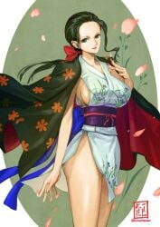 1girls black_hair cleavage female female_focus female_only feminine haori japanese_clothes kimono konohana nico_robin no_panties obi one_piece orobi post-timeskip short_kimono sideboob solo wano_country