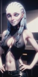 ai_generated alien_female alien_girl alien_humanoid areola blue_eyes blue_hair braided_hair breasts cleavage grey_lips gwyndala humanoid looking_at_viewer midriff naked_female nipples nipples_visible_through_clothing pale_skin puffy_nipples ribs skinny star_trek star_trek_prodigy tagme vau_n'akat_(species)