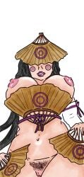 ame_no_uzume_(megami_tensei) big_breasts black_hair circles fans goddess hairy hairy_pussy holding_object huge_breasts large_areolae long_hair looking_at_viewer looking_down looking_down_at_viewer megami_tensei persona persona_4 persona_5 pussy ribbon shin_megami_tensei solo solo_female visible_nipples visible_pussy voluptuous wide_hips yokai