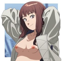 1girls arms_behind_head breasts brown_eyes brown_hair edit female female_only jacket kiruko_(tengoku_daimakyou) long_hair long_sleeves looking_at_viewer nipples nude_filter small_breasts smile solo tengoku_daimakyou topless