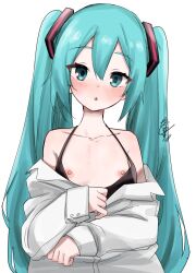 absurdres blue_eyes blue_hair blush breasts breasts_out donkichikin female female_focus hair_ornament hatsune_miku highres honey_whip_(module) jacket long_hair long_sleeves looking_at_viewer nipples sidelocks simple_background small_breasts solo tank_top twintails upper_body vocaloid white_background young