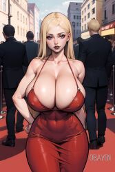 1girls ai_generated bimbo blonde_hair celebrity curvaceous curvy_body curvy_female dress eyeshadow female_focus female_only gigantic_breasts hand_on_hip huge_breasts innie_belly_button large_breasts light-skinned_female long_hair mascara mommy nipples_visible_through_clothing no_bra obayen original original_character platinum_blonde_hair plump_lips presenting_breasts sagging_breasts skimpy_dress stable_diffusion tight_dress voluptuous voluptuous_female