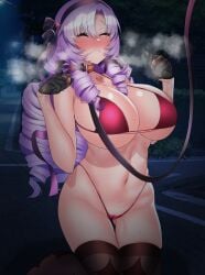 1girls alternate_breast_size barseisui bikini black_gloves black_legwear blush closed_eyes clothed collar dog_collar drill_hair embarrassed eyebrows_visible_through_hair gloves hi_res huge_breasts hyakumantenbara_salome kneeling leash long_hair micro_bikini navel nijisanji purple_hair red_bikini slave steam sweat swimsuit tattoo thighhighs underboob virtual_youtuber