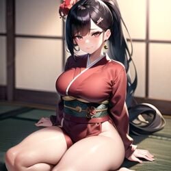 1girls ai_generated big_breasts black_hair blushing_at_viewer busty curvy_figure exposed_legs exposed_thighs hairpin indoors japanese japanese_clothes long_hair nemus_waifu_generator on_knees pink_eyes pooplool red_clothing slight_blush slight_smile slightly_chubby_female solo tagme thick_thighs very_long_hair volleyball voluptuous