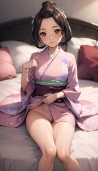 1girls ai_generated bed bedroom blush bottomless brown_eyes brown_hair gyakuten_saiban hair_rings kimono light-skinned_female looking_at_viewer no_panties pillow pink_kimono pointing_at_self rtxon shaved_pussy short_hair short_ponytail slim_waist small_breasts smile susato_mikotoba teenager the_great_ace_attorney