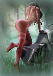 1girls back_view barefoot big_butt black_hair conduitt league_of_legends messy_hair naked nidalee riot_games sideboob tanned tanned_female tanned_skin tribal_markings tribal_tattoos unkempt_hair