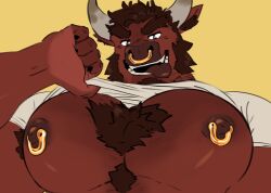 2023 2_horns anthro armpit_hair big_pecs body_hair bovid bovine canid canine canis cattle chest_tuft claws clothed clothing clothing_lift ear_tuft facial_hair facial_piercing finger_claws fur goatee hair hi_res horn hybrid male mammal muscular muscular_anthro muscular_male nipple_piercing nipple_ring nipples nose_piercing nose_ring open_mouth pecs piercing rao_(beefybrorao) red_body red_fur red_hair ring_piercing septum_piercing septum_ring shirt shirt_lift sideburns simple_background solo sora_png tongue tongue_out topwear tuft white_clothing white_shirt white_topwear wolf yellow_background