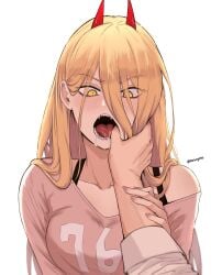 arm_grab blonde_hair blush chainsaw_man denji_(chainsaw_man) drooling eyes_visible_through_hair finger_in_mouth masoq095 pink_shirt power_(chainsaw_man) red_horns sharp_teeth tongue white_background yellow_eyes