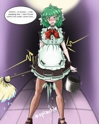 1girls blocked_birth breasts english_text female female_only green_eyes green_hair hyper hyper_belly hyper_pregnancy labor maid narcoleptic_vampire original_character pregnant ready_to_pop solo solo_female text water_break