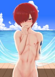 1boy arm_tattoo beach blush cloud clouds fate/grand_order fate_(series) femboy fuuma_kotarou_(fate) hair_over_one_eye highres looking_at_viewer male male_only naked naked_male nipples nude nude_male ocean otoko_no_ko out_of_frame_censoring petite red_eyes red_hair sea seaside short_hair sky smile solo tattoo trap twink