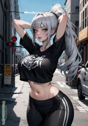 1girls ai_generated curvaceous curvy_body curvy_female female_focus female_only huge_breasts long_hair looking_at_viewer ponytail solo_female solo_focus stable_diffusion white_hair winesnow