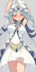 accessory blush dntks female hand_on_head huge_breasts kamishiro_rio looking_at_viewer rio_kamishiro solo white_dress yu-gi-oh! yu-gi-oh!_zexal