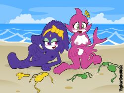 absurd_res accessory beach blush cetacean confident dolphin duo echo_the_dolphin embarrassed female fish flat_colors green_eyes hair_accessory hair_ribbon hi_res mammal marine nude omegatachyon princess_undina purple_body purple_eyes purple_skin ribbons seaside swimsuit_removed toothed_whale undressed