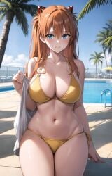 1girls ai_generated asuka_langley_sohryu beach bikini blue_eyes brown_hair cleavage female female_only highres large_breasts legs long_hair looking_at_viewer navel neon_genesis_evangelion ocean solo souryuu_asuka_langley thighs towel twintails voluptuous water yellow_bikini