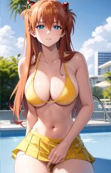 1girls ai_generated asuka_langley_sohryu big_breasts bikini blue_eyes brown_hair busty cleavage female female_only hi_res large_breasts legs long_hair looking_at_viewer navel neon_genesis_evangelion pool solo souryuu_asuka_langley thighs twintails voluptuous water yellow_bikini