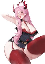 1girls big_breasts blue_archive breasts busty cleavage curvaceous curvy curvy_body curvy_female curvy_figure female female_only gehenna_academy_student horns huge_breasts large_breasts light-skinned_female light_skin mole mole_on_breast naughty_face pandemonium_society_(blue_archive) pink_hair satsuki_(blue_archive) sawaki_ken seductive_mouth solo sweat sweating sweaty sweaty_breasts sweaty_thighs thick_thighs thighs tie tongue tongue_out voluptuous