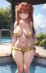 1girls ai_generated arms_behind_back asuka_langley_sohryu bikini blue_eyes brown_hair cleavage female female_only highres large_breasts legs long_hair looking_at_viewer navel neon_genesis_evangelion pool sitting solo souryuu_asuka_langley thighs twintails voluptuous water yellow_bikini