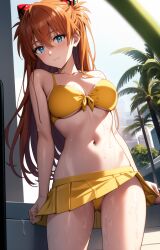 1girls ai_generated asuka_langley_sohryu bikini blue_eyes brown_hair cleavage female female_only highres large_breasts legs long_hair looking_at_viewer navel neon_genesis_evangelion smile solo souryuu_asuka_langley sweat thighs twintails voluptuous yellow_bikini