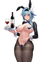 absurdres alcohol animal_ears black_hairband blue_hair blush bottle breasts bunny_ears condom crotchless crotchless_pantyhose cup drinking_glass eula_(genshin_impact) fake_animal_ears female frontless_outfit genshin_impact hair_between_eyes hair_ornament hairband heart_maebari heart_pasties highres holding holding_tray karmiel large_breasts latex long_hair long_sleeves looking_at_viewer maebari meme_attire navel pantyhose pasties playboy_bunny purple_eyes rabbit_ears revealing_clothes reverse_bunnysuit reverse_outfit shrug_(clothing) solo stomach thighband_pantyhose tray waitress white_background wine wine_bottle wine_glass wrist_cuffs yellow_eyes