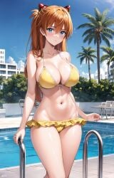 1girls ai_generated asuka_langley_sohryu bikini blue_eyes brown_hair cleavage female female_only highres large_breasts legs long_hair looking_at_viewer navel neon_genesis_evangelion pool solo souryuu_asuka_langley thighs twintails voluptuous water yellow_bikini