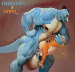 absurd_res alreza alrezaham1 anthro balls bodily_fluids cum cum_inside dragon draxius duo felid genital_fluids genitals hi_res huge_filesize male male/male mammal nipples pantherine size_difference stomach_bulge tiger